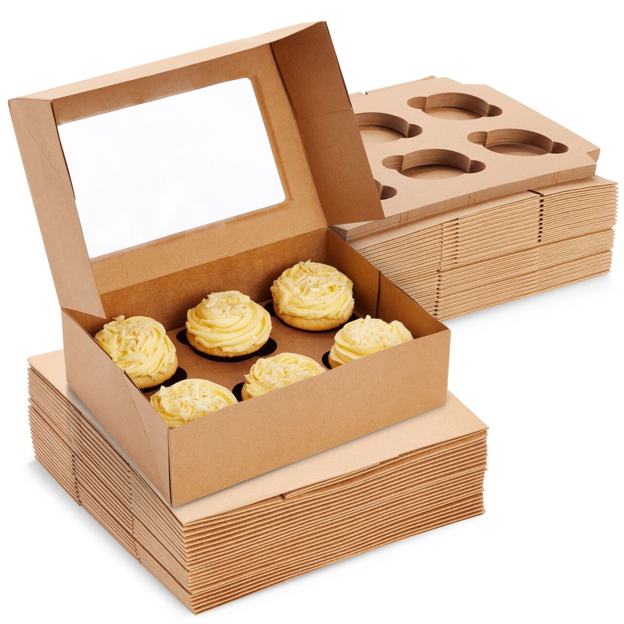 24 Pack 6 Count Cupcake Boxes with Windows - To Go Containers for Bakery, Desserts, Muffins (Kraft Paper, 9.4x6.2x2.9 In)